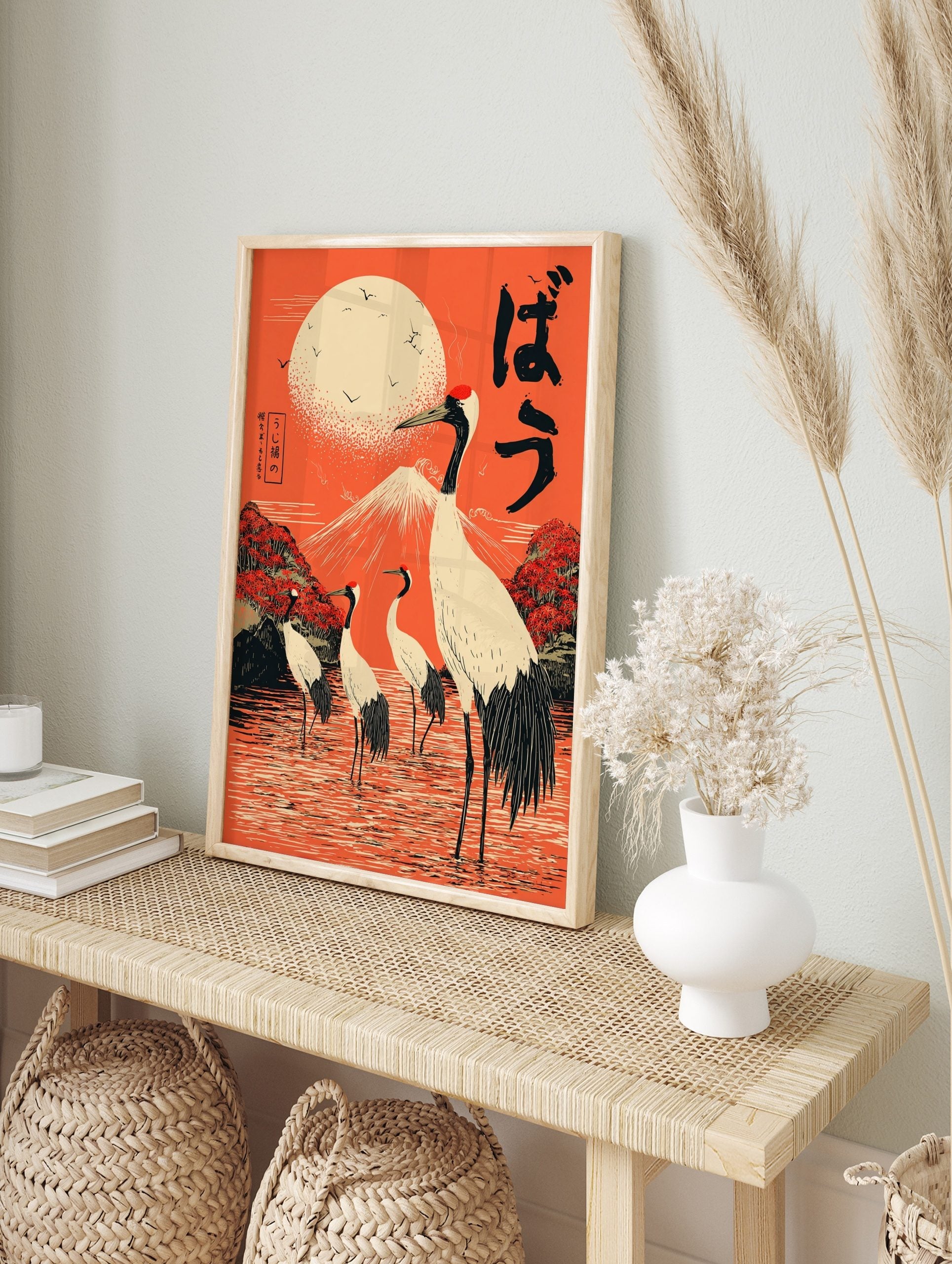 Japanese cranes in water with Mount Fuji and a bright orange sun, featuring traditional, in an alternate framed mockup