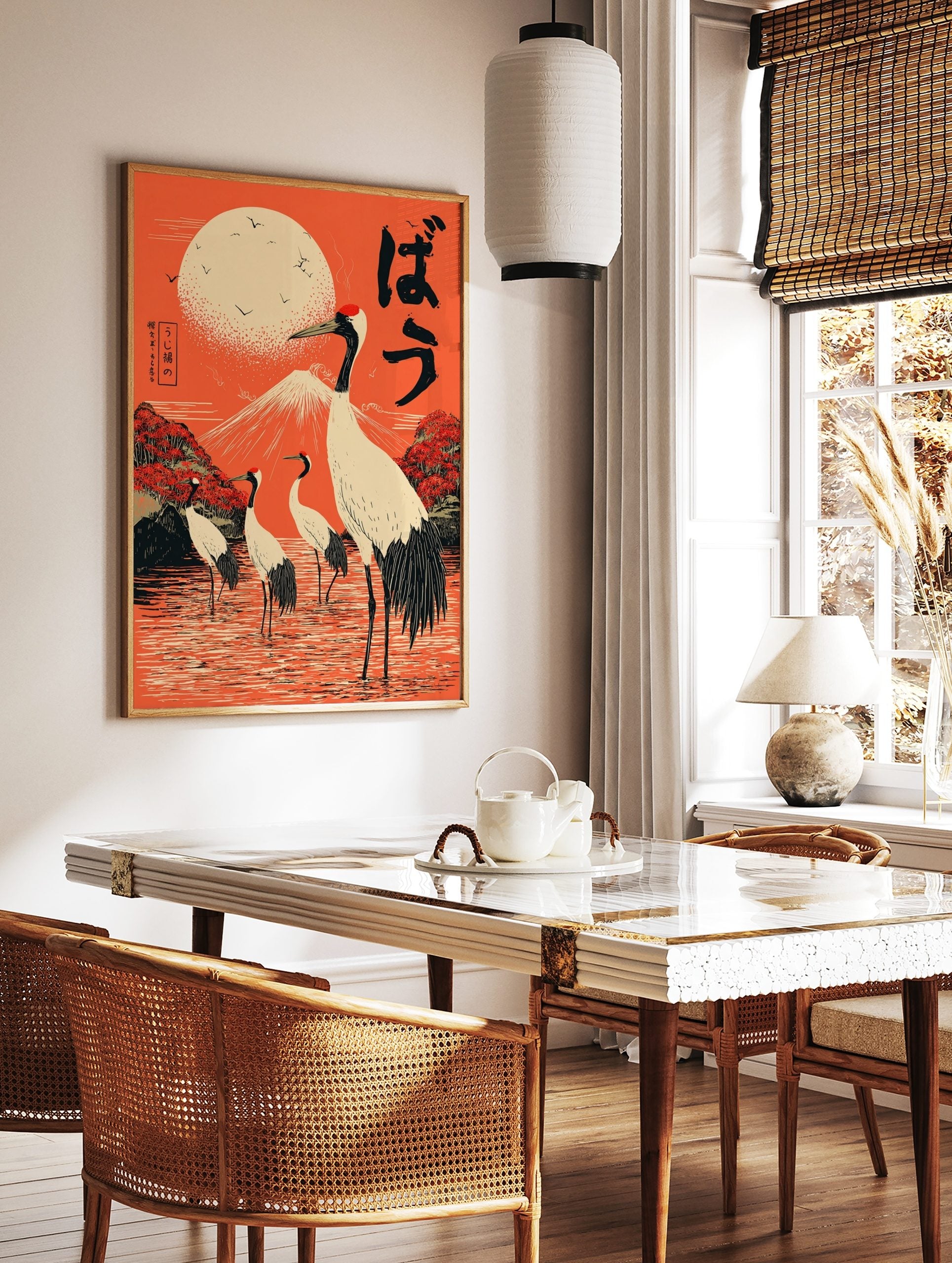 Japanese cranes in water with Mount Fuji and a bright orange sun, featuring traditional typography, in a styled room mockup