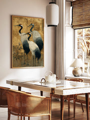 Three Japanese red-crowned cranes with white bodies and black necks on a distressed gold leaf, in a styled room mockup