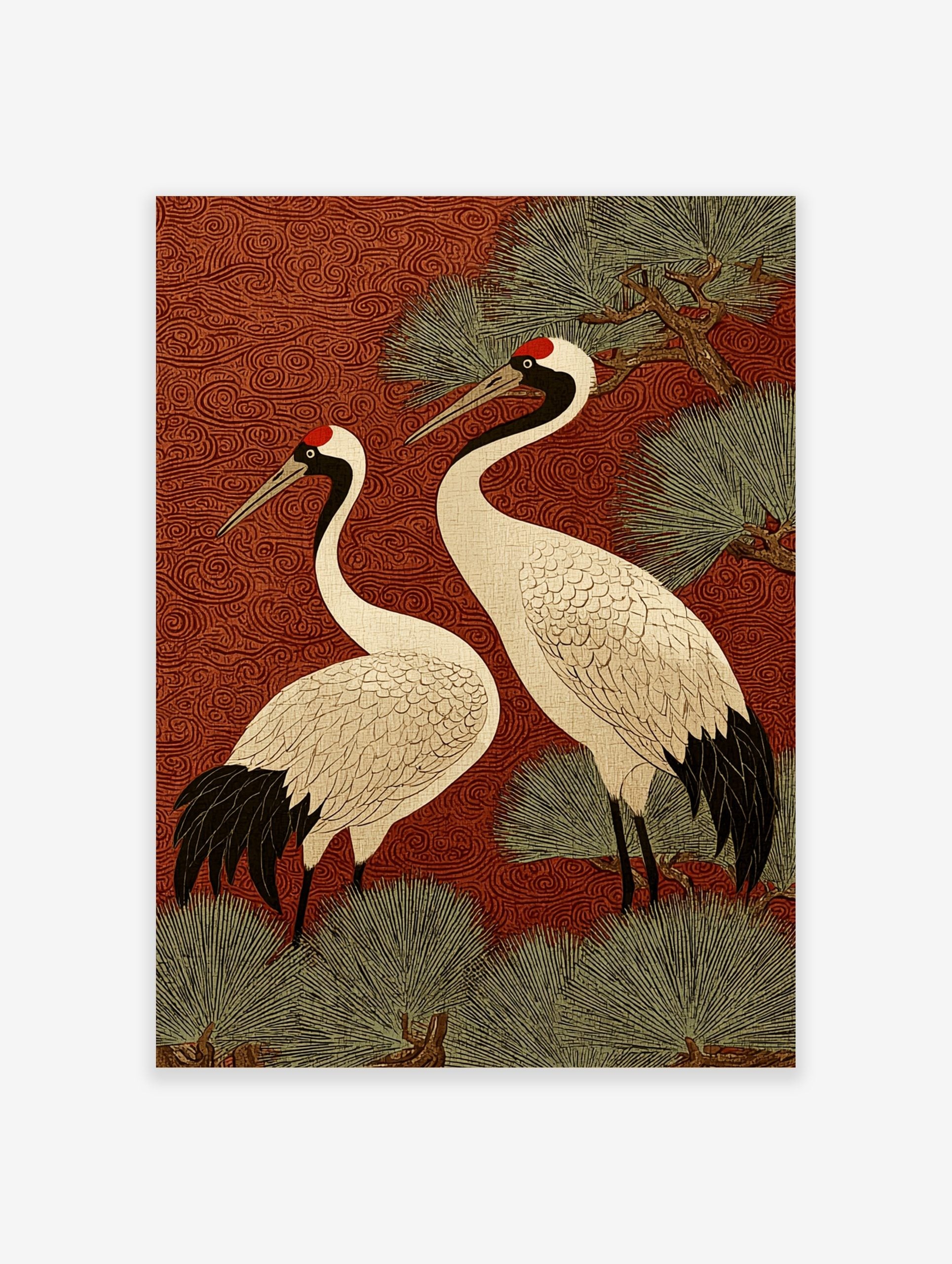 Two Japanese Red-crowned Cranes with black and white plumage, red crowns, against a red swirling pattern background with