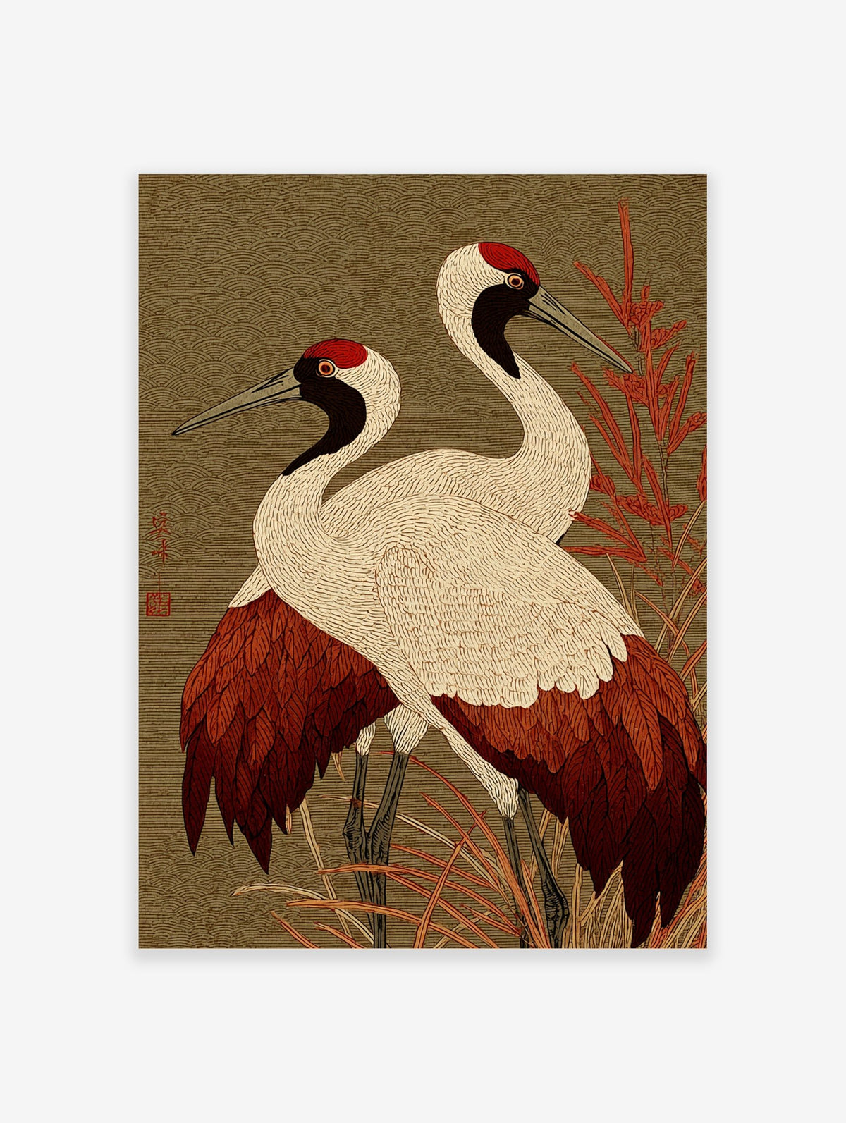 Two red-crowned Japanese cranes with white, red, and black plumage standing in red foliage against a green wave-patterned