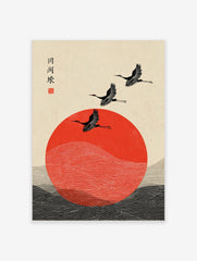 Japanese crane wall art with three black birds flying over a red sun and stylised waves