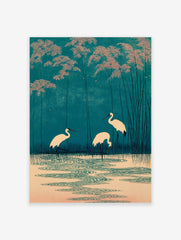 Japanese woodblock style print of three white cranes in teal water with pink foliage and tall reeds
