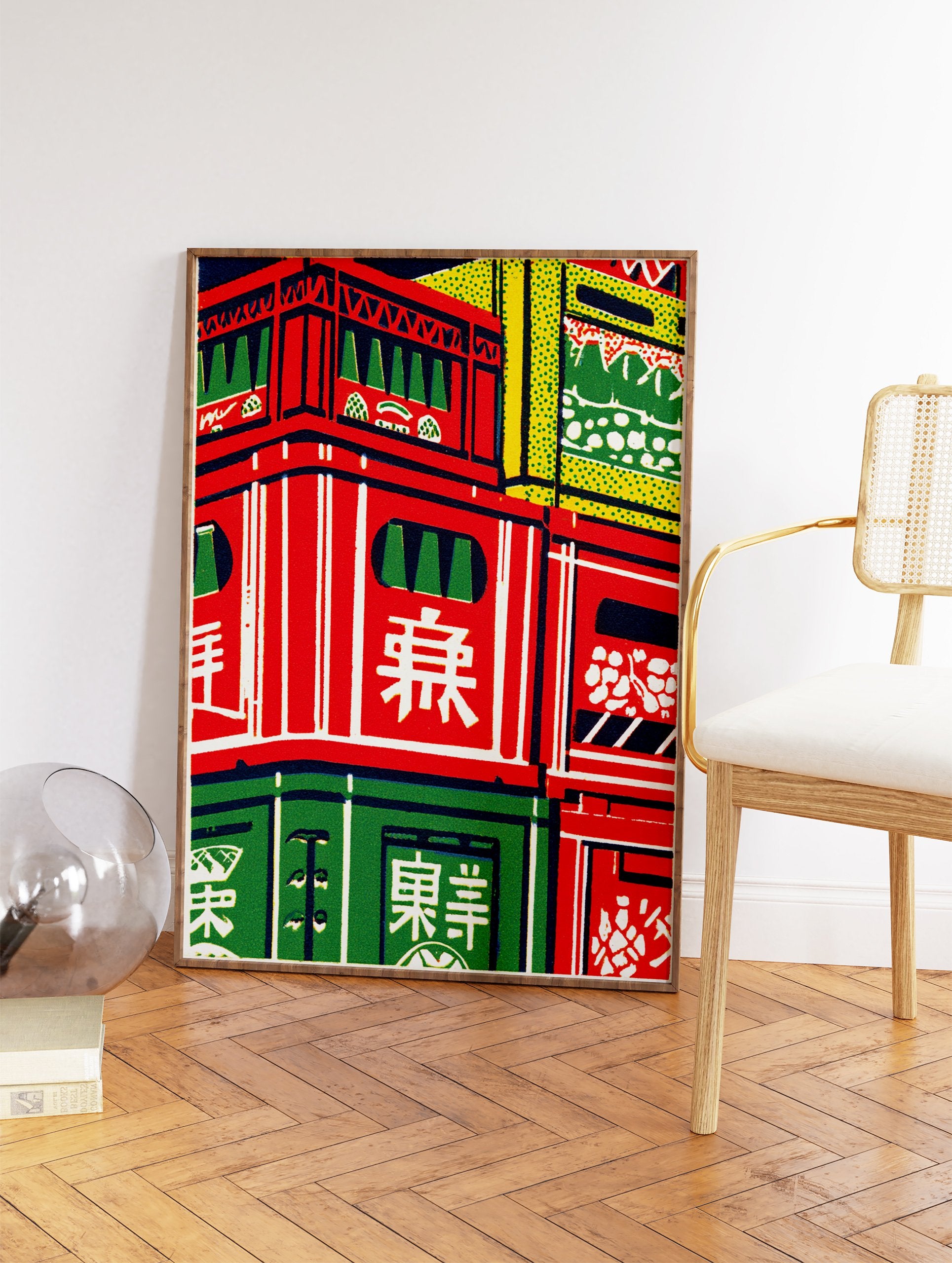 Graphic art print depicting stacked red, green, and yellow Japanese beverage crates with stylized characters. - Image 2