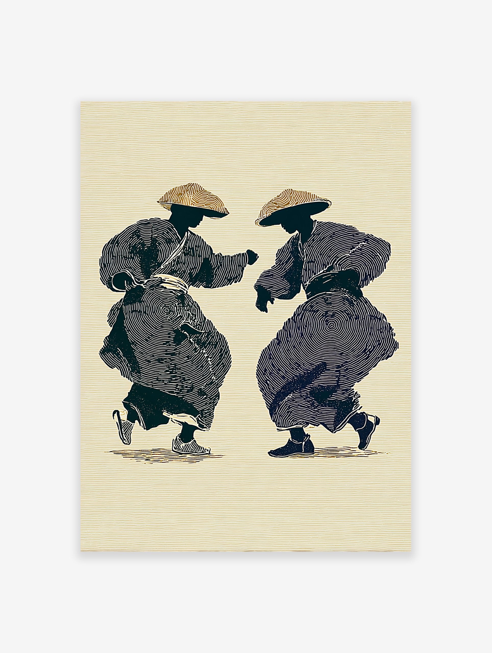 Two stylized figures in traditional Japanese attire and straw hats dancing, rendered with concentric circles on a beige background.