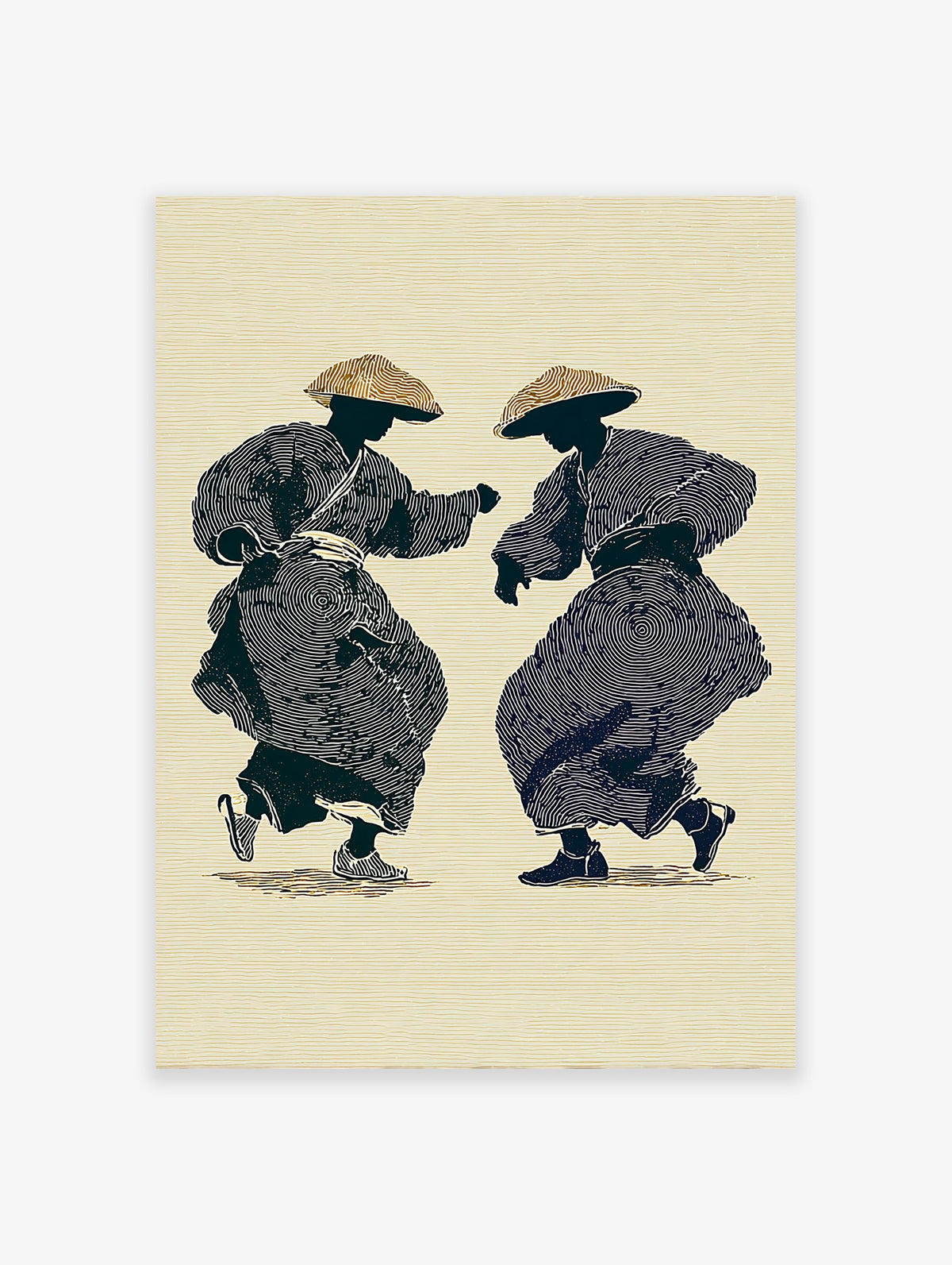 Two stylized figures in traditional Japanese attire and straw hats dancing, rendered with concentric circles on a beige background.