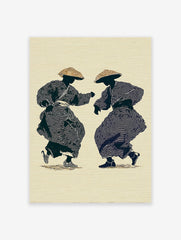 Two stylized figures in traditional Japanese attire and straw hats dancing, rendered with concentric circles on a beige background.