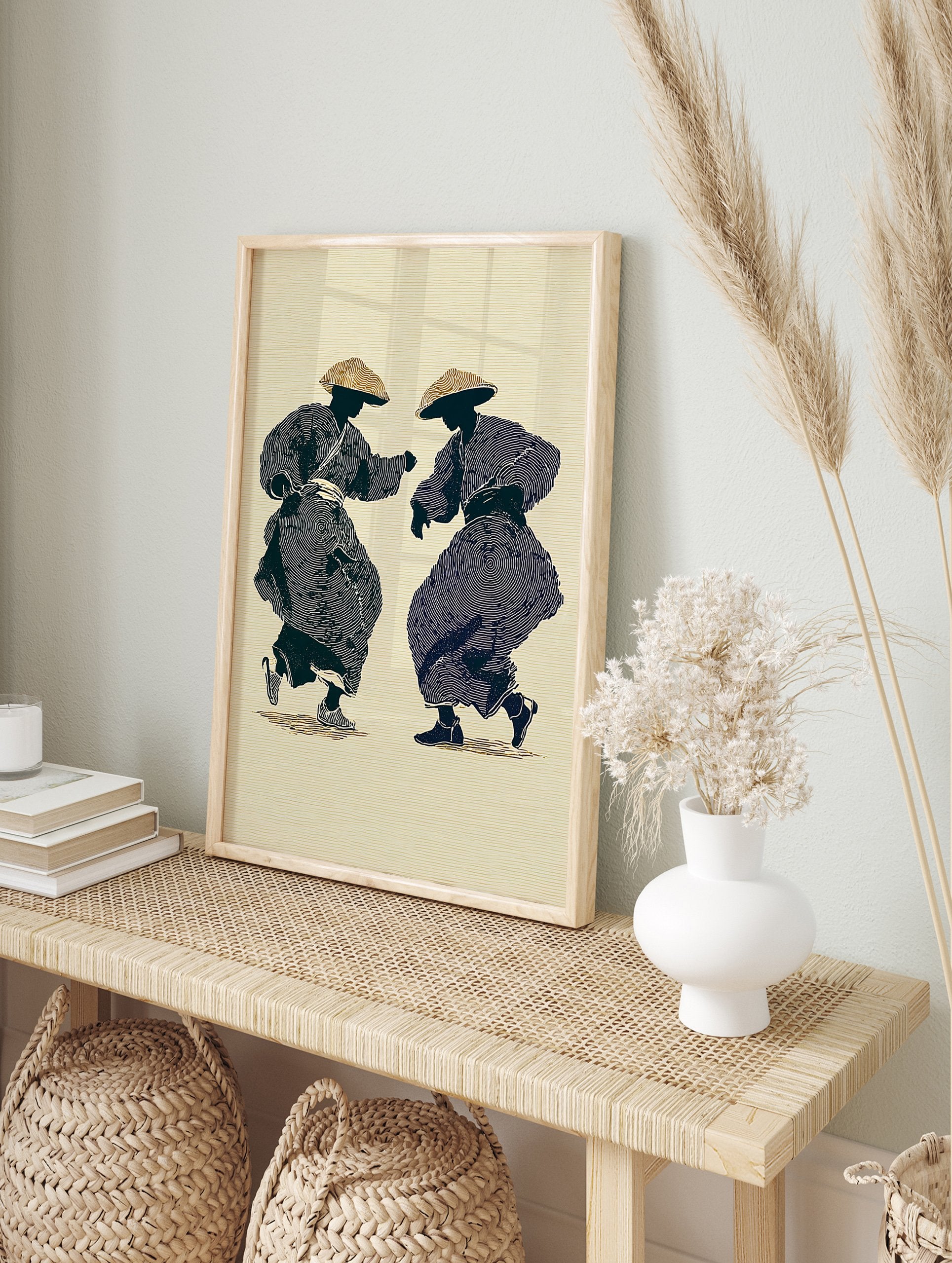Two stylized figures in traditional Japanese attire and straw hats dancing, rendered with concentric circles on a beige background. - Image 3