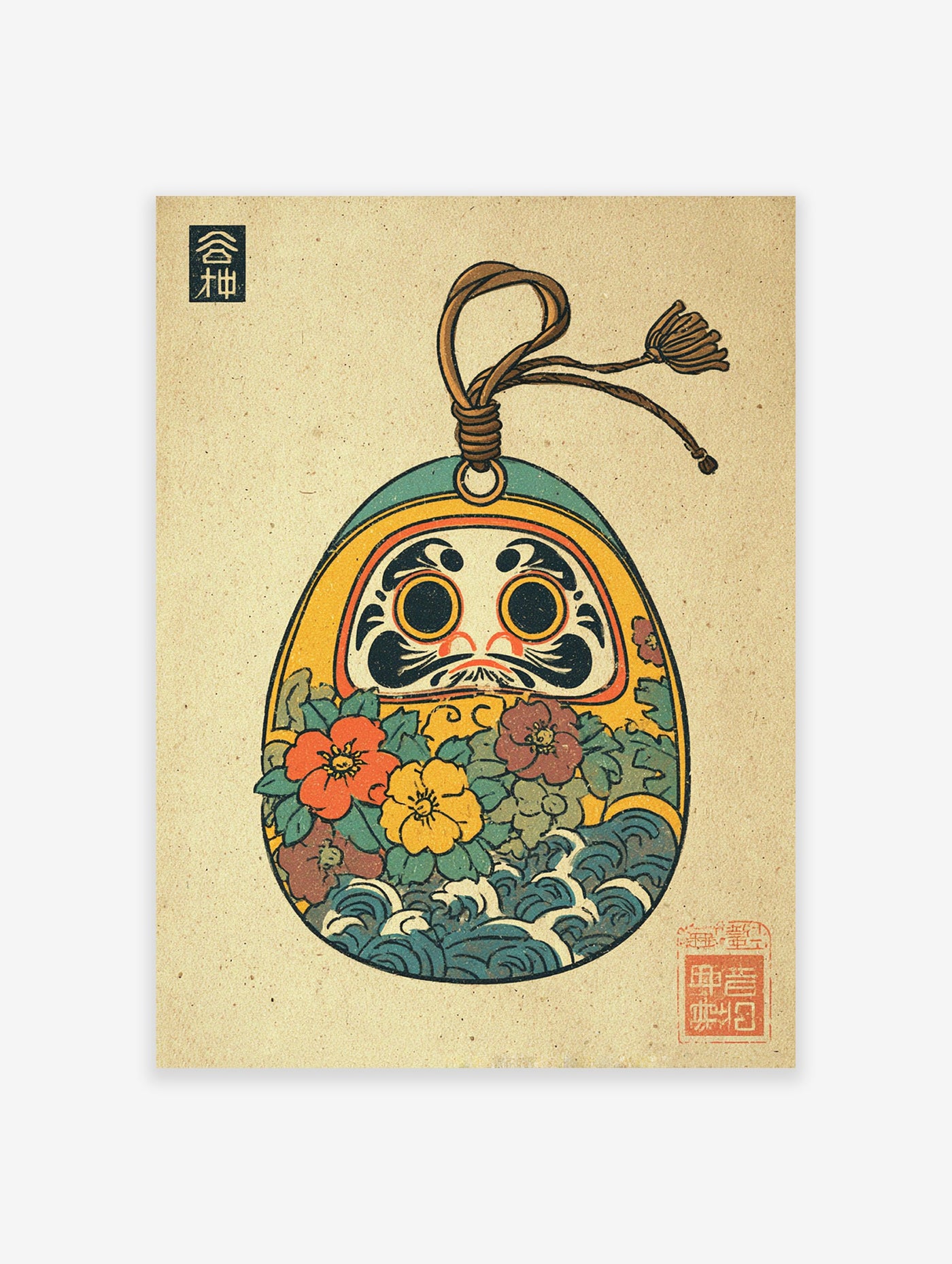 Colorful Japanese Daruma Doll art print with flowers and waves in traditional Ukiyo-e style on a textured background.