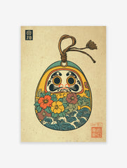 Colorful Japanese Daruma Doll art print with flowers and waves in traditional Ukiyo-e style on a textured background.
