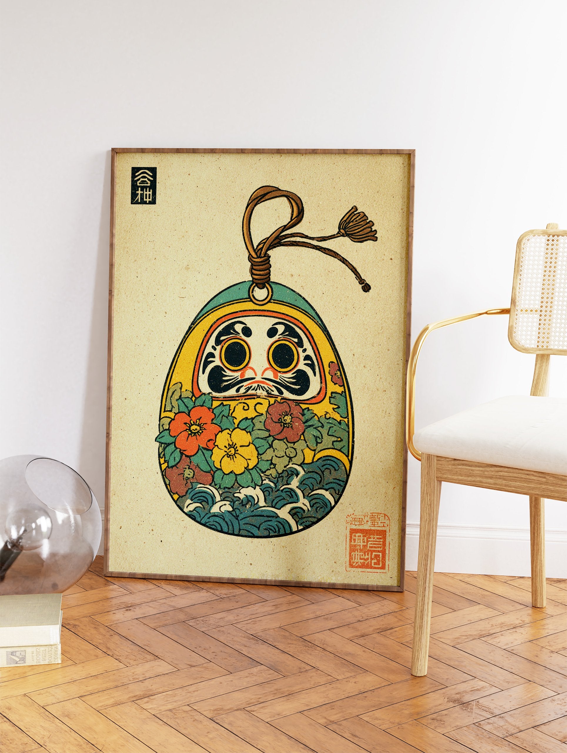 Colorful Japanese Daruma Doll art print with flowers and waves in traditional Ukiyo-e style on a textured background. - Image 2