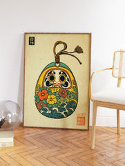 Colorful Japanese Daruma Doll art print with flowers and waves in traditional Ukiyo-e style on a textured background. - Image 2