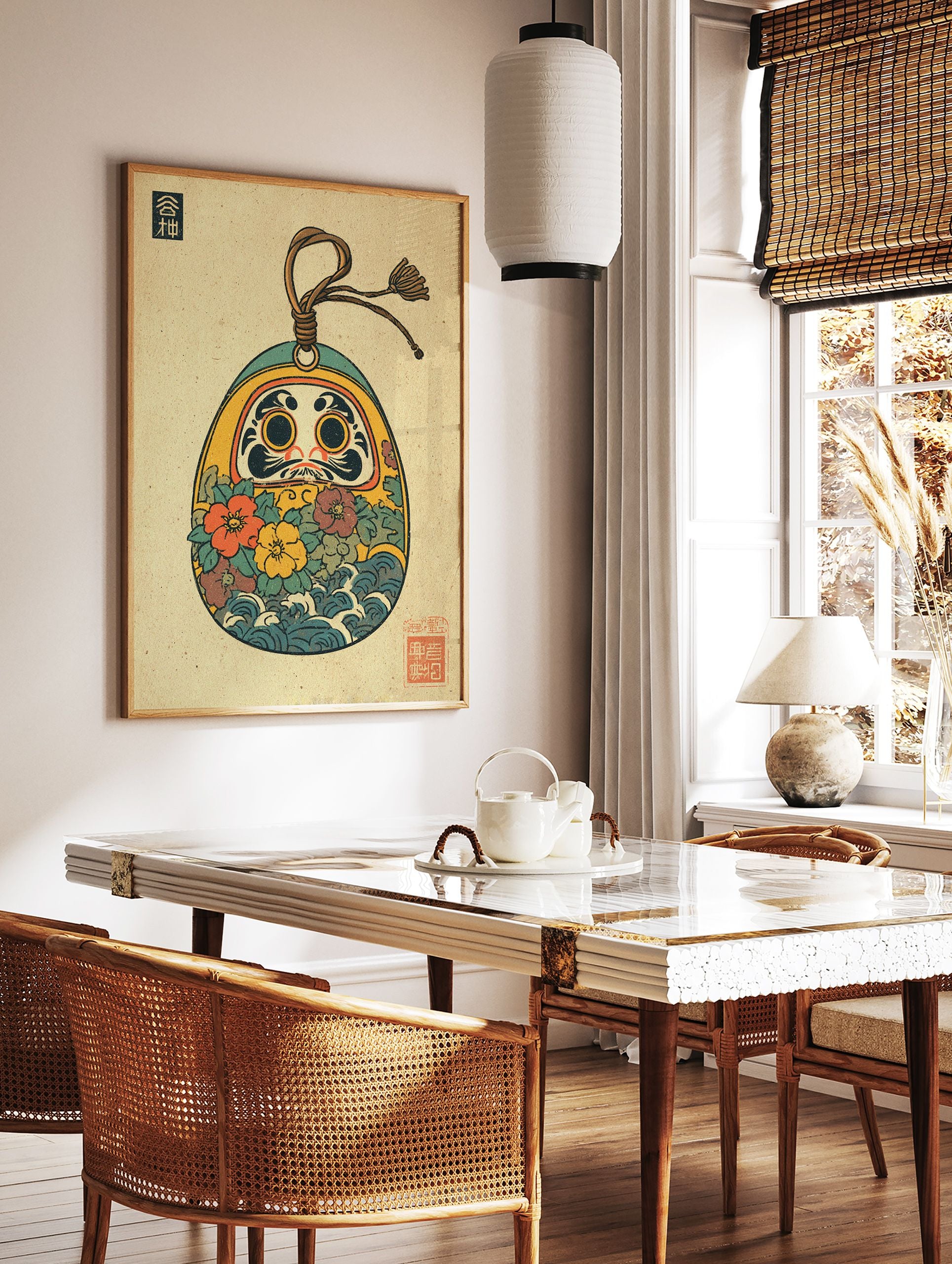 Colorful Japanese Daruma Doll art print with flowers and waves in traditional Ukiyo-e style on a textured background. - Image 3