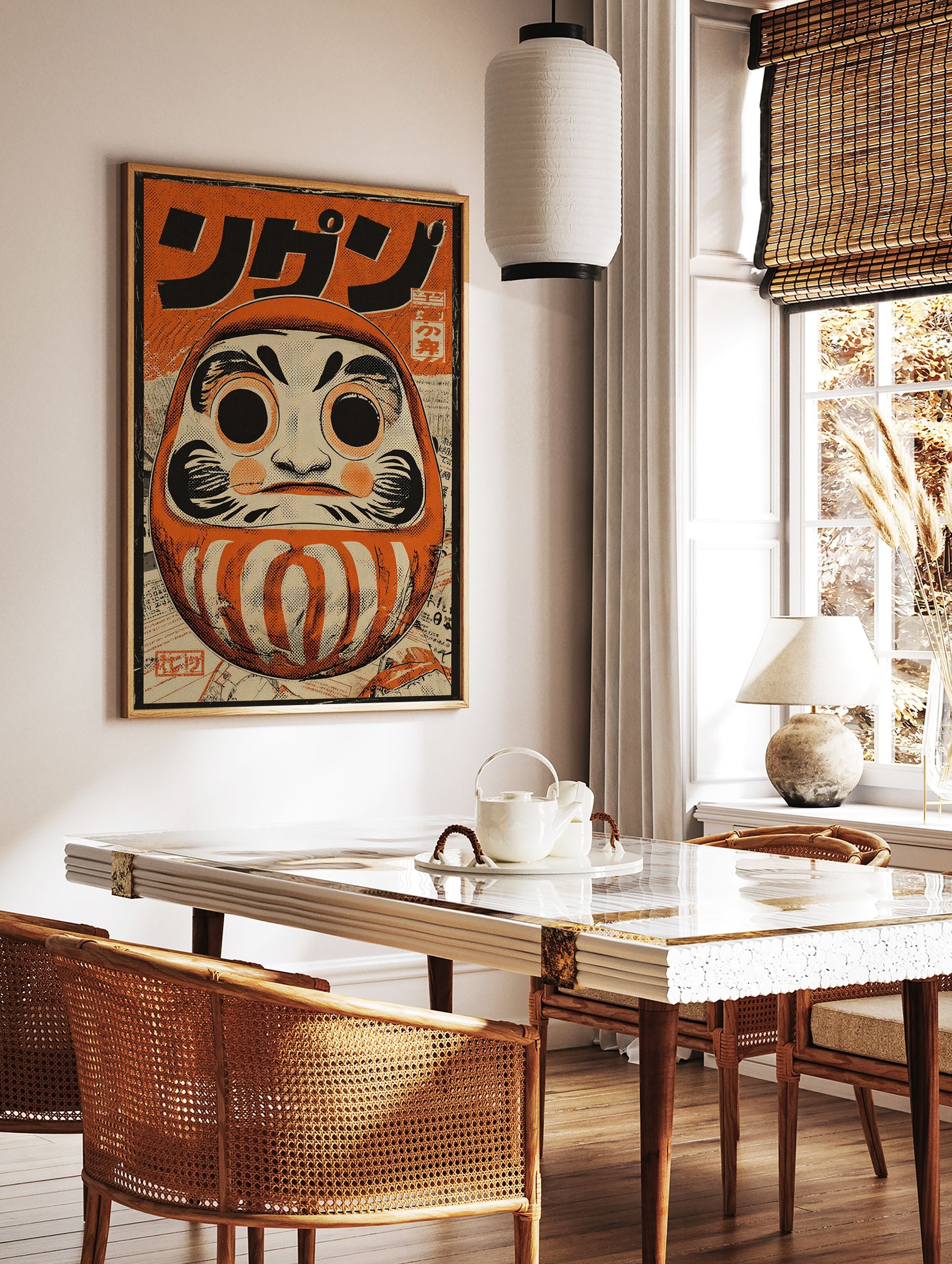 Vintage Japanese Daruma doll poster with orange and black colors, black Japanese text at the top, and distressed texture. - Image 3