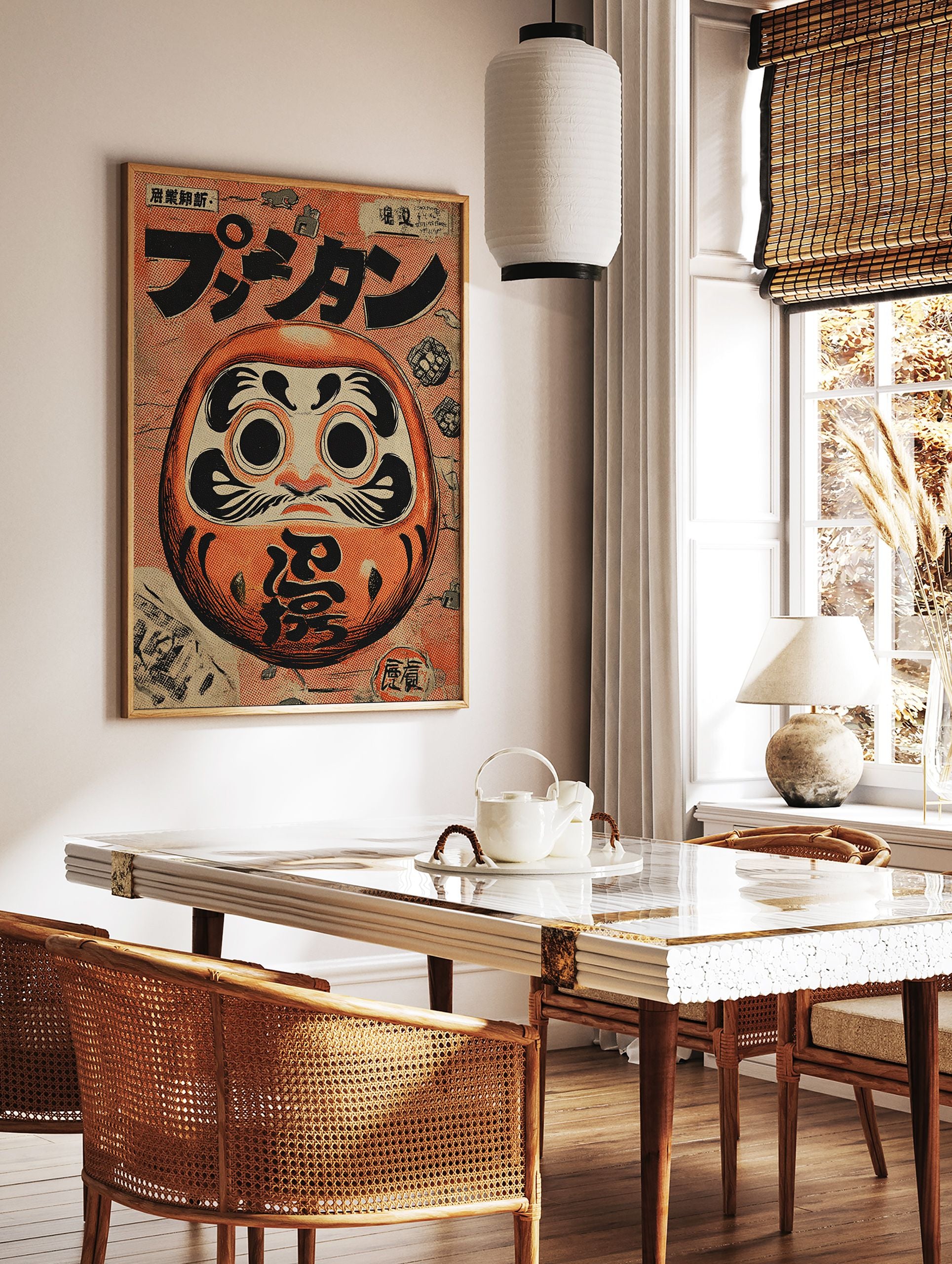 Vintage Japanese Daruma doll illustration art print in orange and black, featuring Japanese text and a cultural design. - Image 3