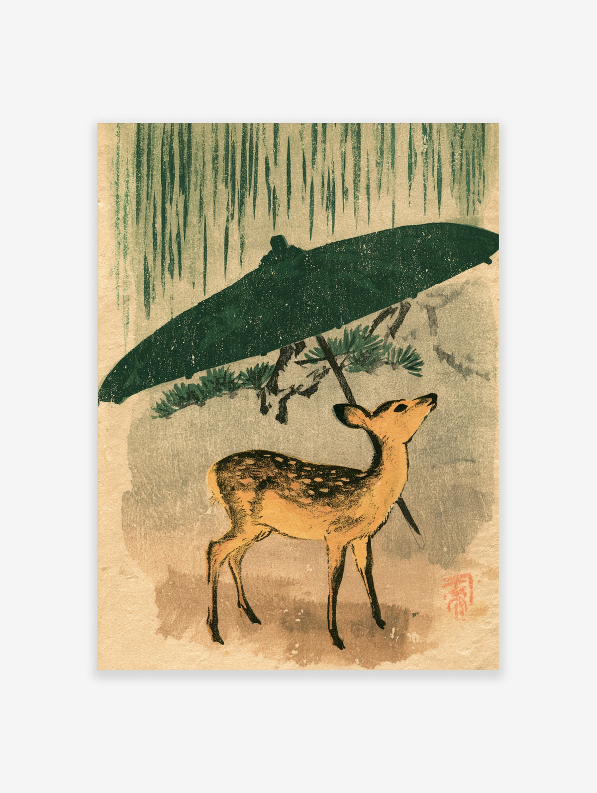 Japanese deer art print under a green umbrella in falling rain, woodblock style