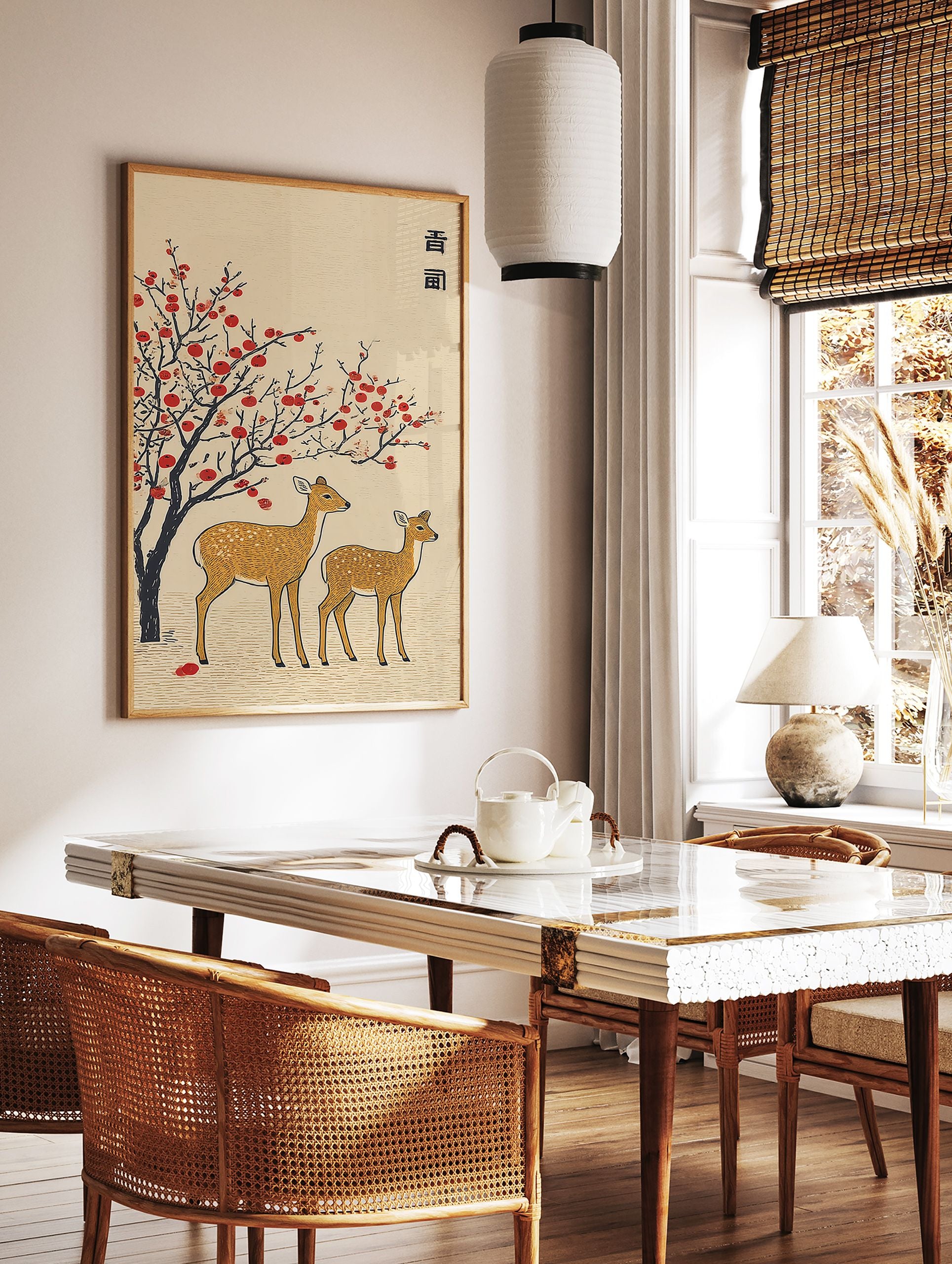 Japanese deer wall art print depicting a mother and fawn under a red berry tree in a traditional Asian illustrative style. - Image 2