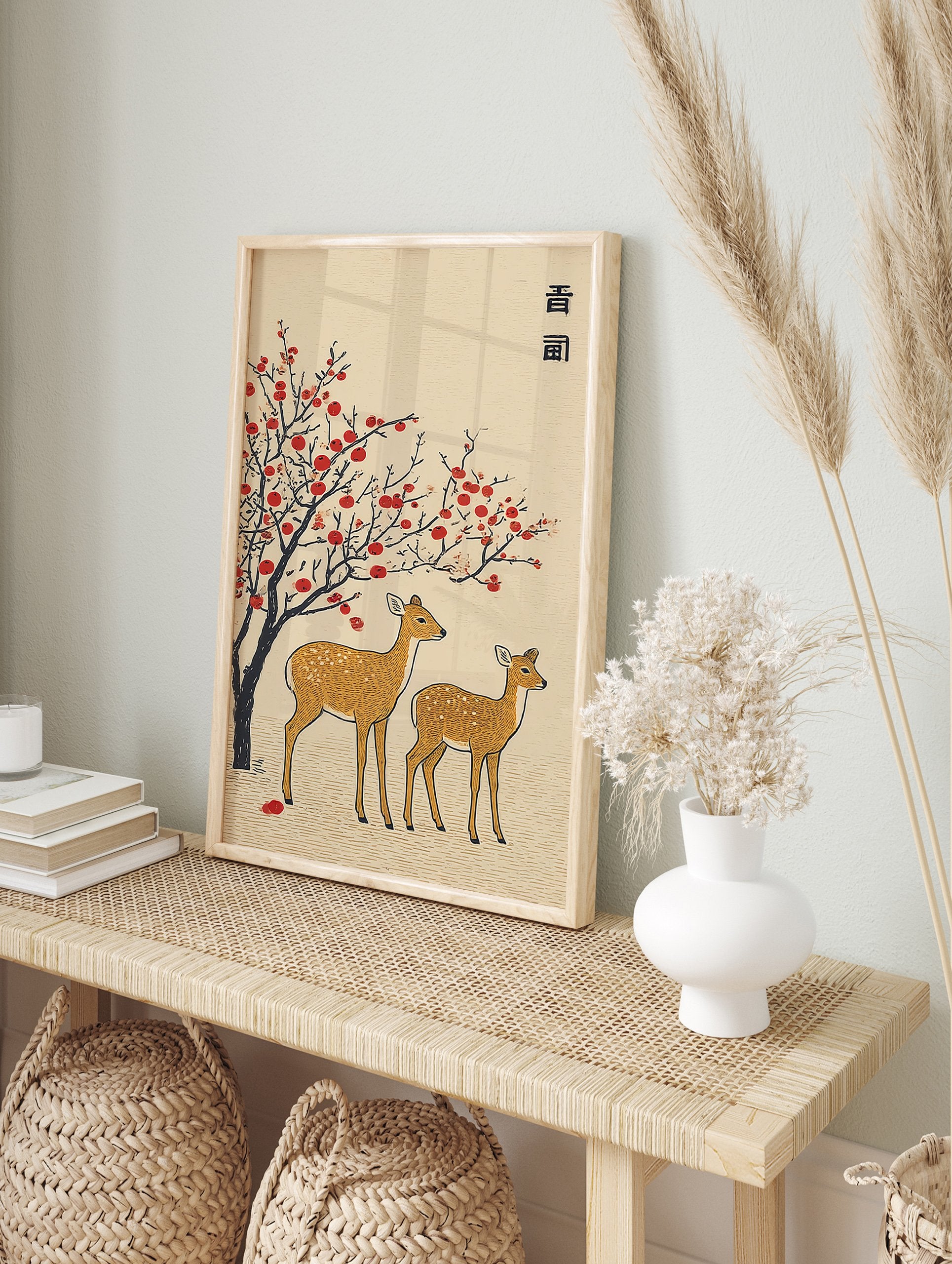Japanese deer wall art print depicting a mother and fawn under a red berry tree in a traditional Asian illustrative style. - Image 3