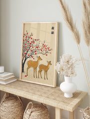 Japanese deer wall art print depicting a mother and fawn under a red berry tree in a traditional Asian illustrative style. - Image 3