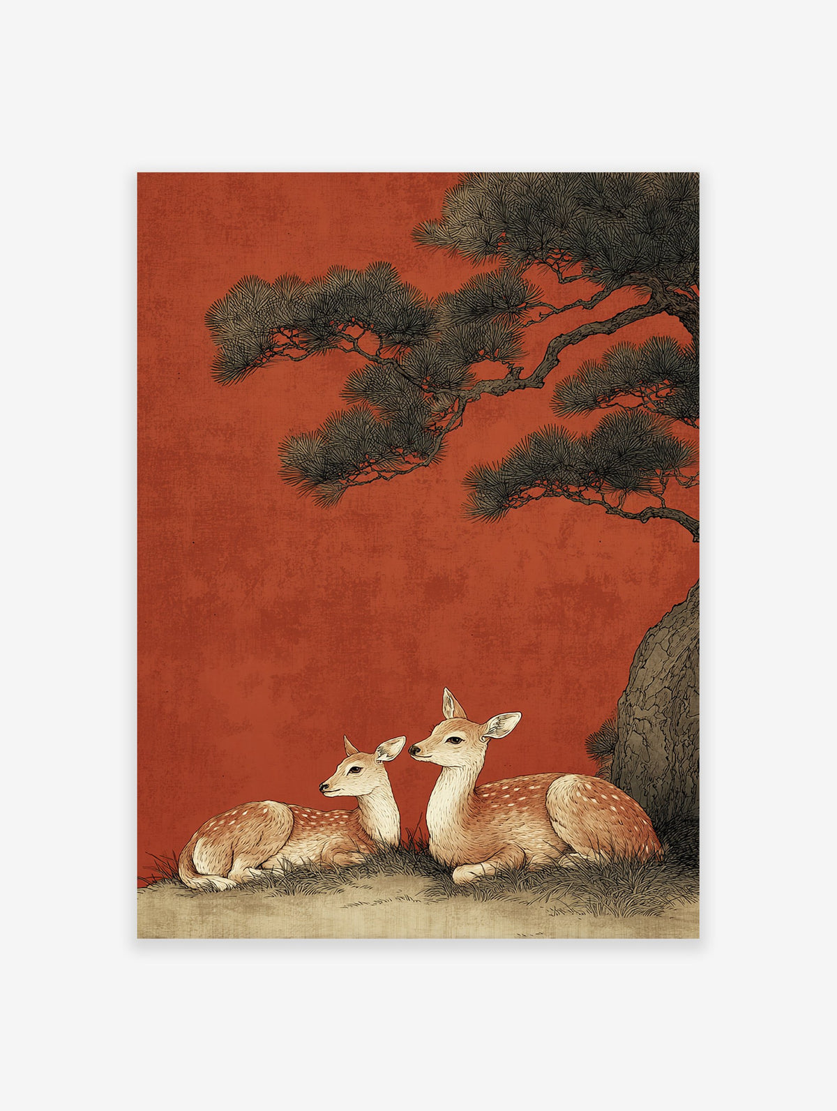 Japanese deer wall art print showing two spotted deer resting under a dark pine tree against a vibrant red background.