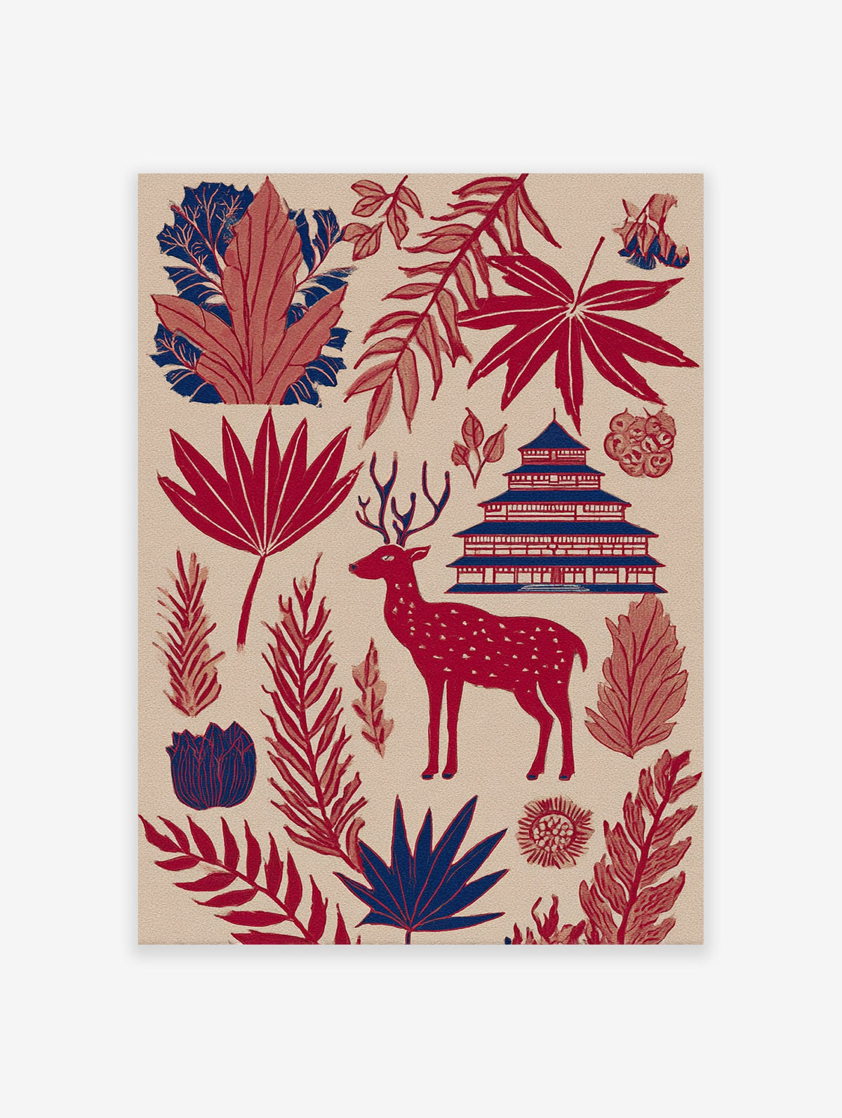 Red and blue Japanese deer wall art with a pagoda, maple leaves, and other botanical foliage on a light beige background.