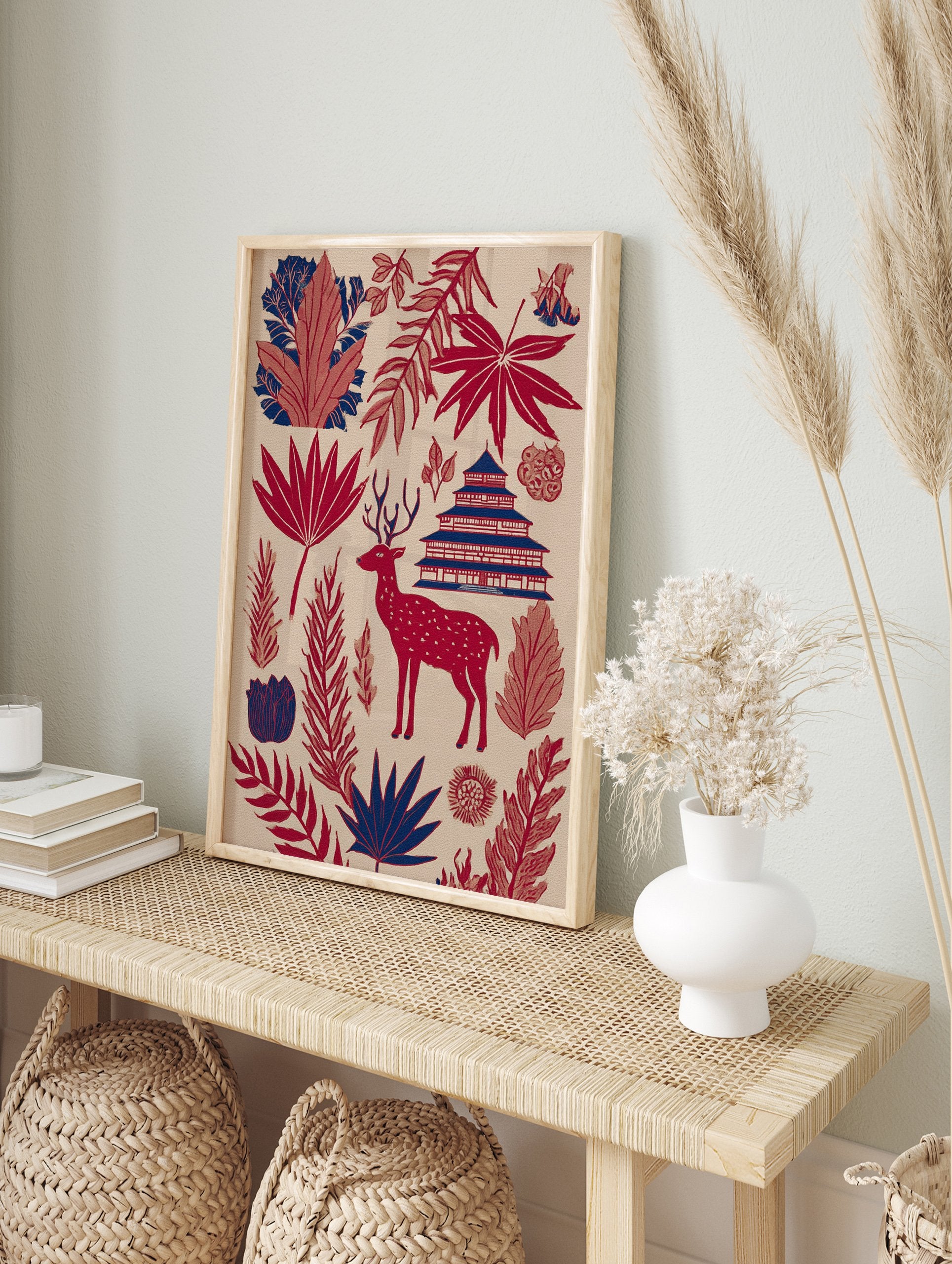Red and blue Japanese deer wall art with a pagoda, maple leaves, and other botanical foliage on a light beige background. - Image 3