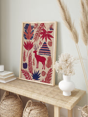 Red and blue Japanese deer wall art with a pagoda, maple leaves, and other botanical foliage on a light beige background. - Image 3