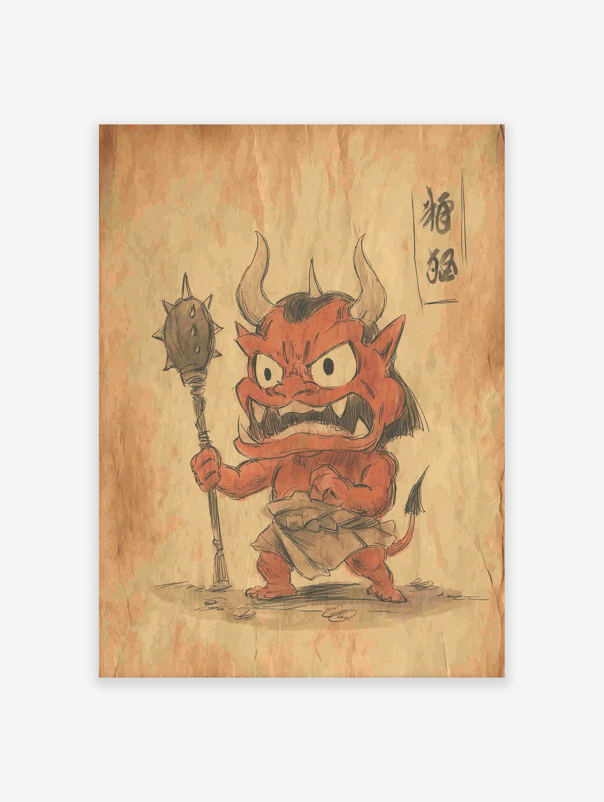Japanese demon (Oni) wall art illustration in red and black, holding a spiked club on a vintage brown paper background.