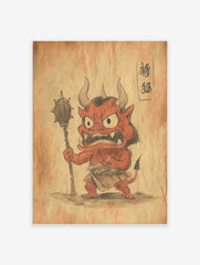 Japanese demon (Oni) wall art illustration in red and black, holding a spiked club on a vintage brown paper background.