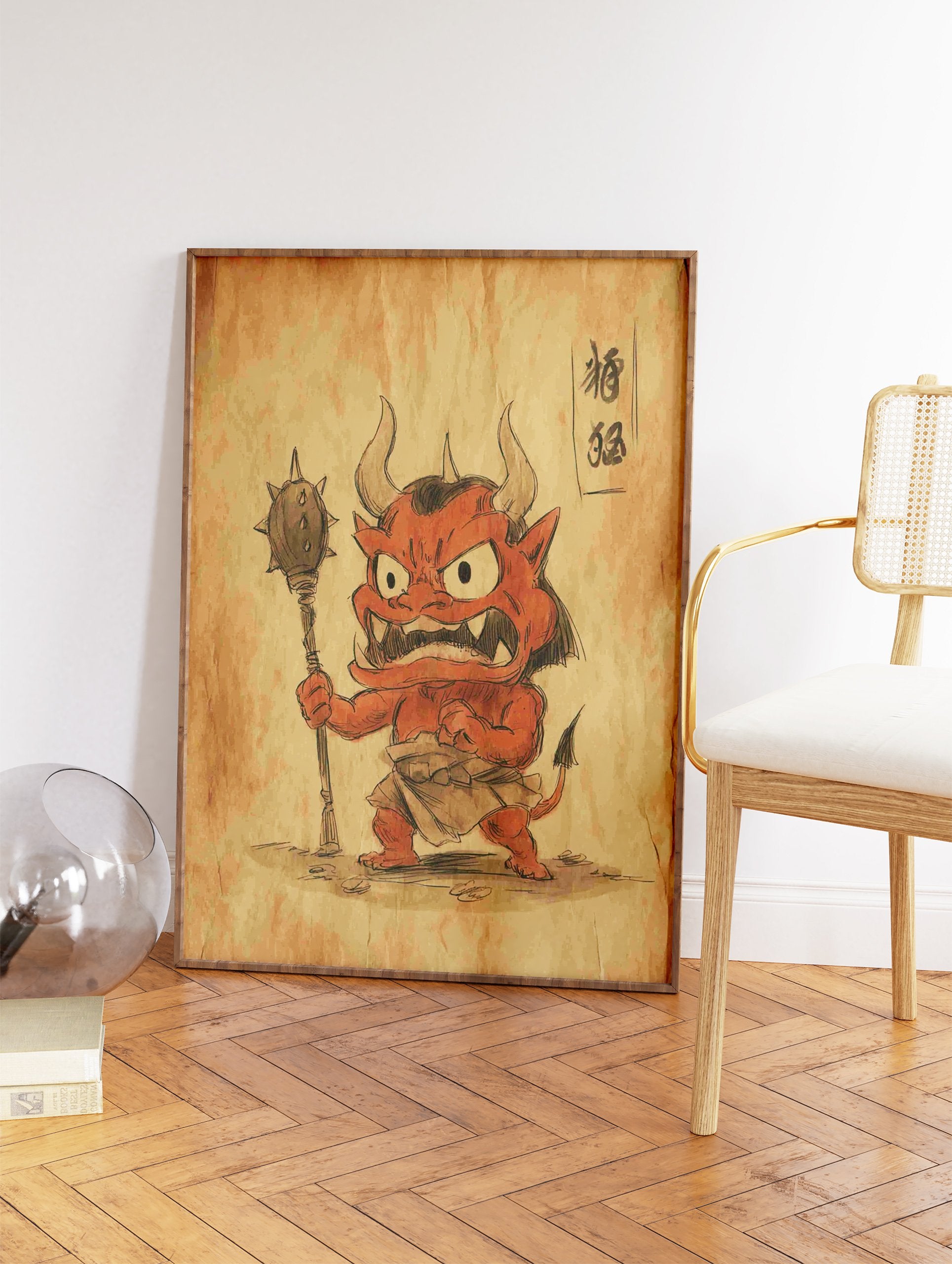 Japanese demon (Oni) wall art illustration in red and black, holding a spiked club on a vintage brown paper background. - Image 2