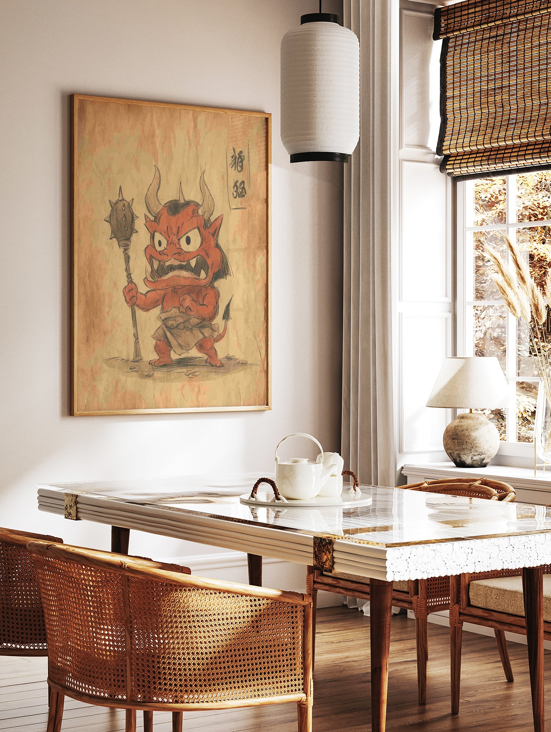 Japanese demon (Oni) wall art illustration in red and black, holding a spiked club on a vintage brown paper background. - Image 3