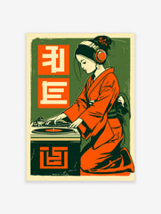 Japanese DJ poster illustration featuring a woman in a kimono with headphones at a turntable, in orange and green