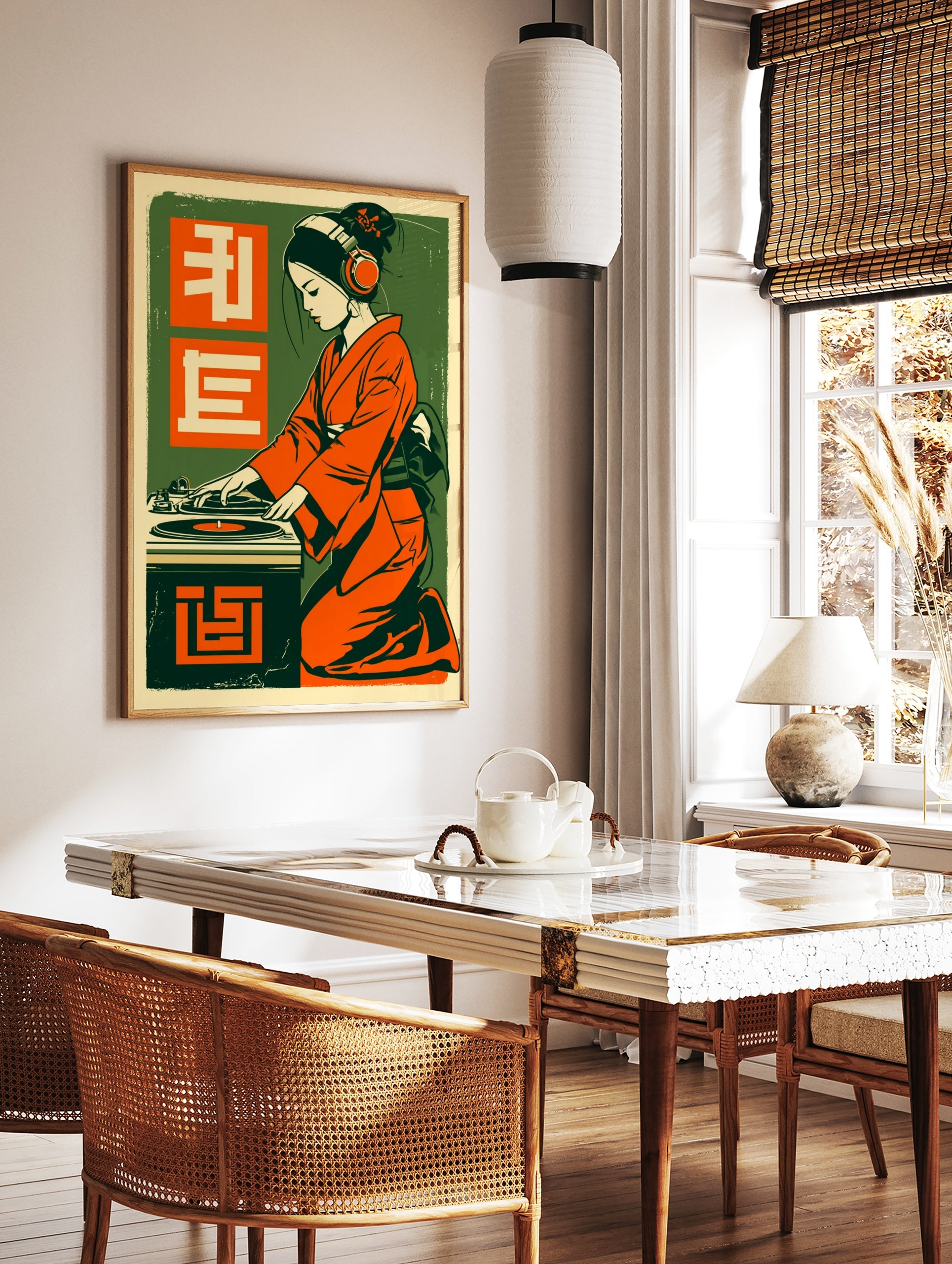 Japanese DJ poster illustration featuring a woman in a kimono with headphones at a turntable, in, in a styled room mockup