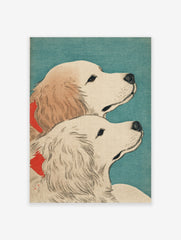 Japanese dog art print showing two cream Golden Retrievers with red ribbons looking up against a teal background.