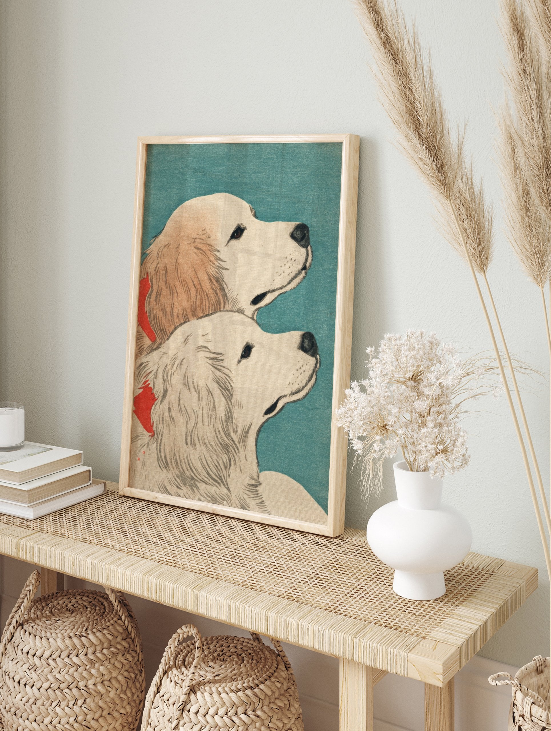 Japanese dog art print showing two cream Golden Retrievers with red ribbons looking up against a teal background. - Image 3