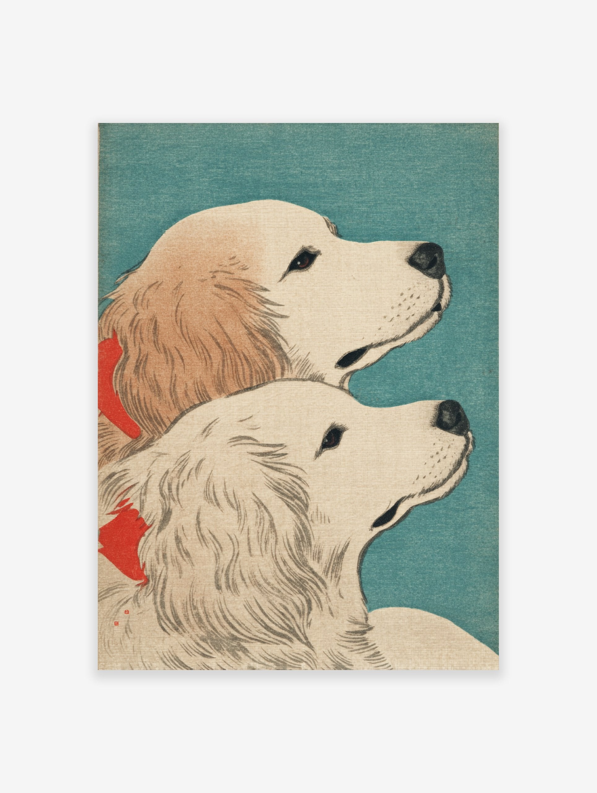 Japanese style art print of two Golden Retriever dogs with red collars looking up against a teal background.