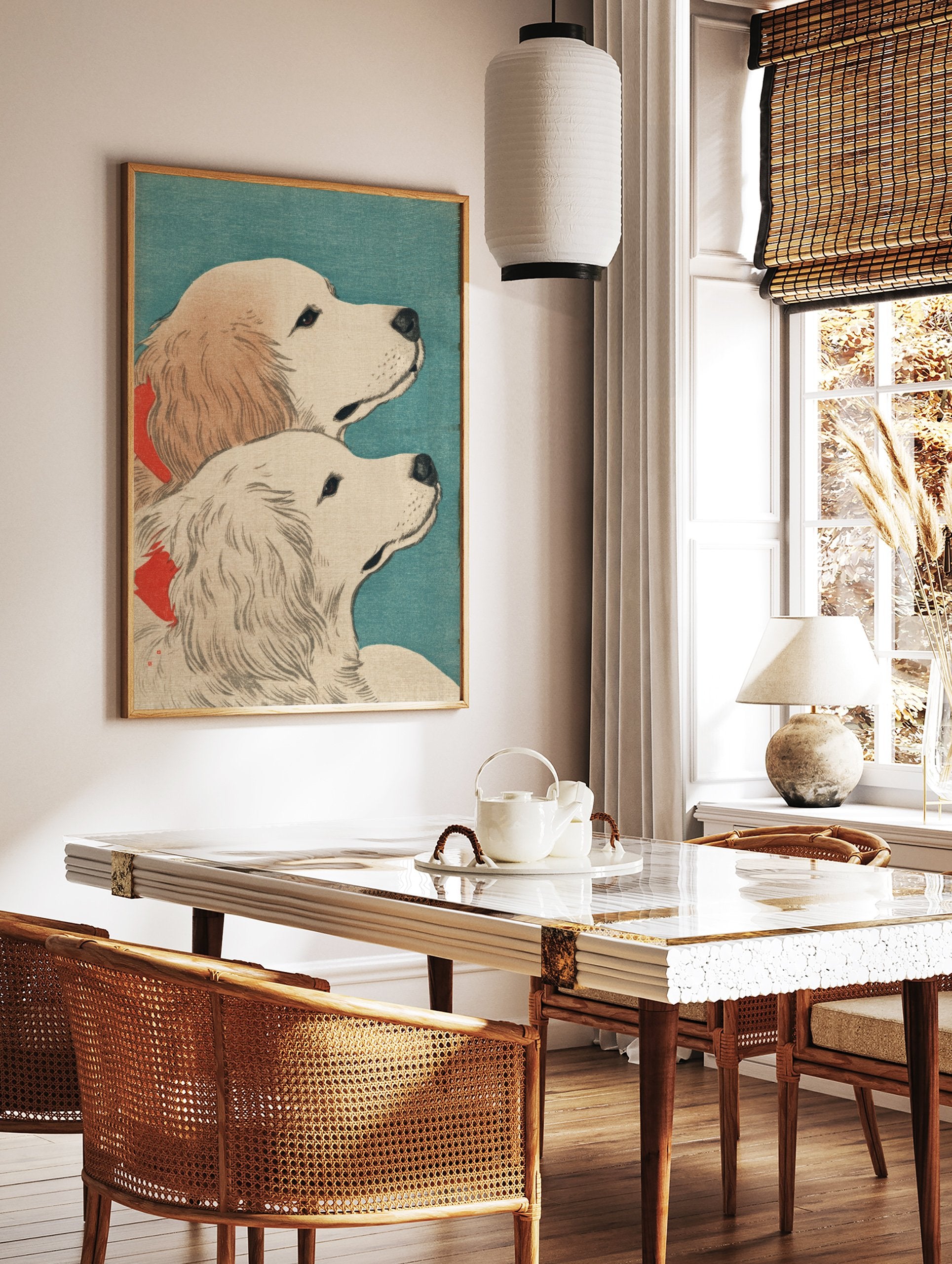Japanese style art print of two Golden Retriever dogs with red collars looking up against a teal background. - Image 2