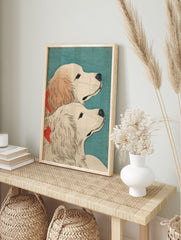 Japanese style art print of two Golden Retriever dogs with red collars looking up against a teal background. - Image 3