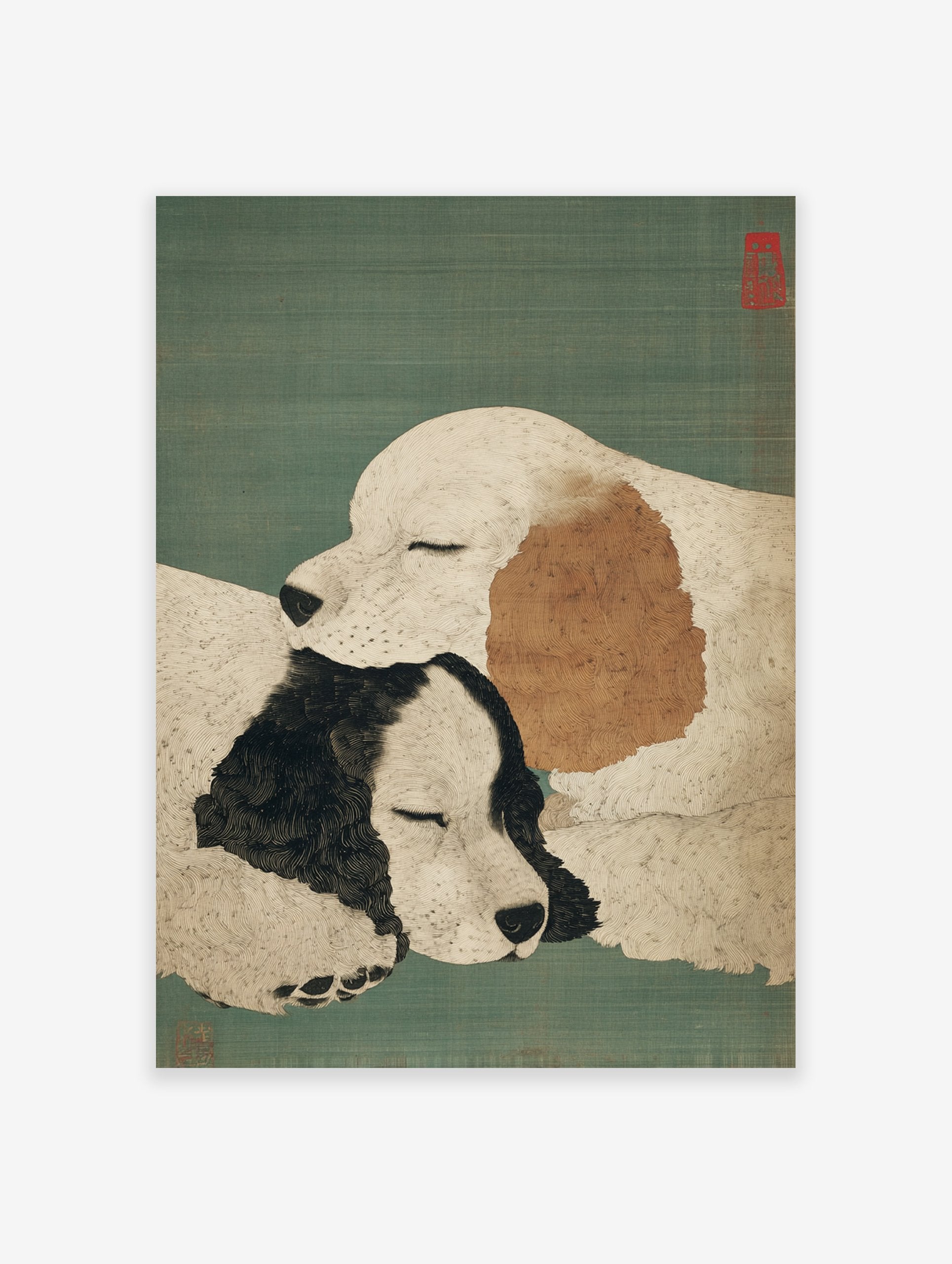 A Japanese Dog Art Print featuring two white and black/brown sleeping dogs cuddled together on a teal background with red seals.
