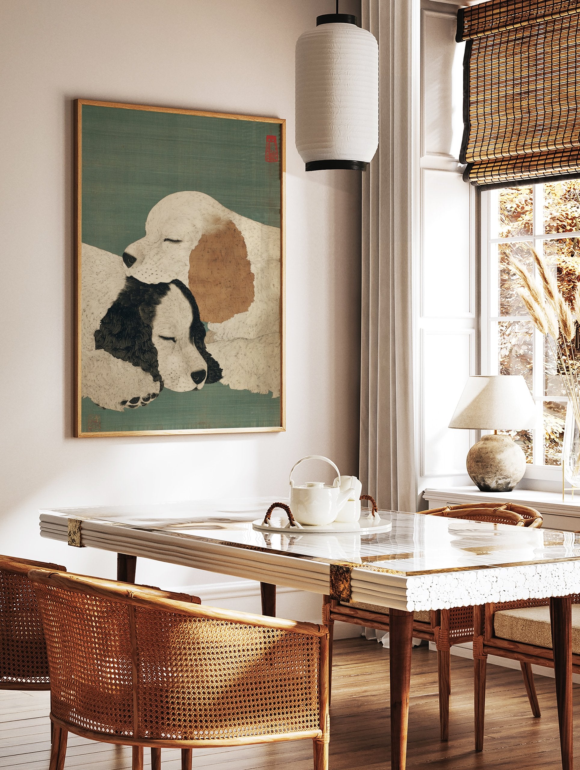 A Japanese Dog Art Print featuring two white and black/brown sleeping dogs cuddled together on a teal background with red seals. - Image 2