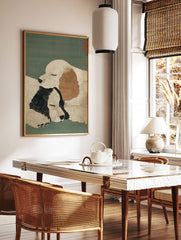 A Japanese Dog Art Print featuring two white and black/brown sleeping dogs cuddled together on a teal background with red seals. - Image 2