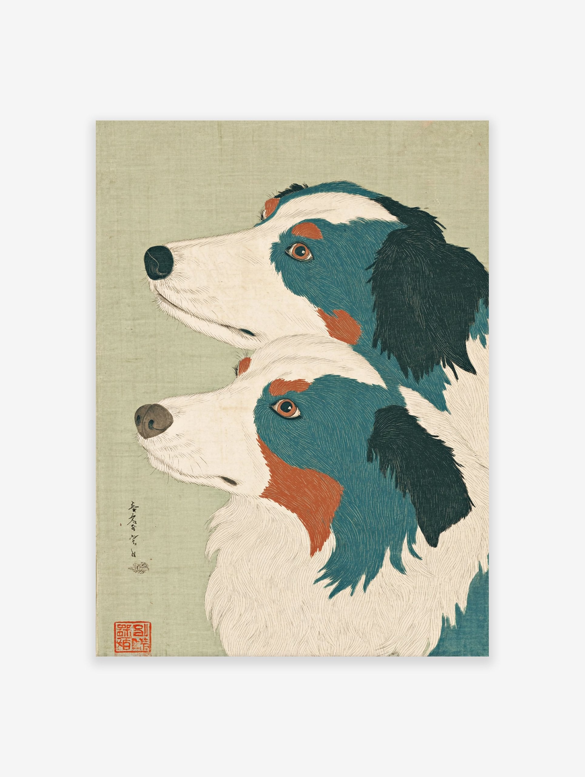 Japanese dog art print featuring two dogs with blue, white, and orange markings on a light green background.