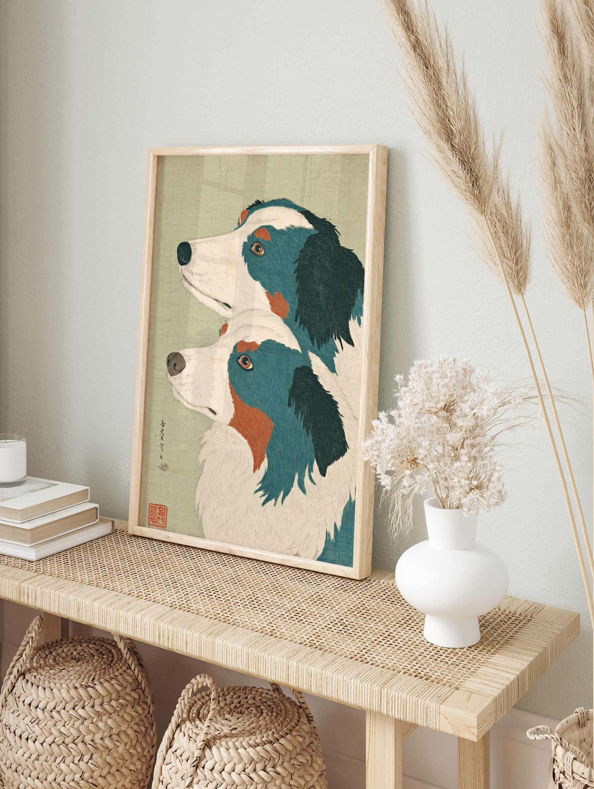 Japanese dog art print featuring two dogs with blue, white, and orange markings on a light green background. - Image 3