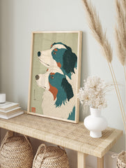 Japanese dog art print featuring two dogs with blue, white, and orange markings on a light green background. - Image 3