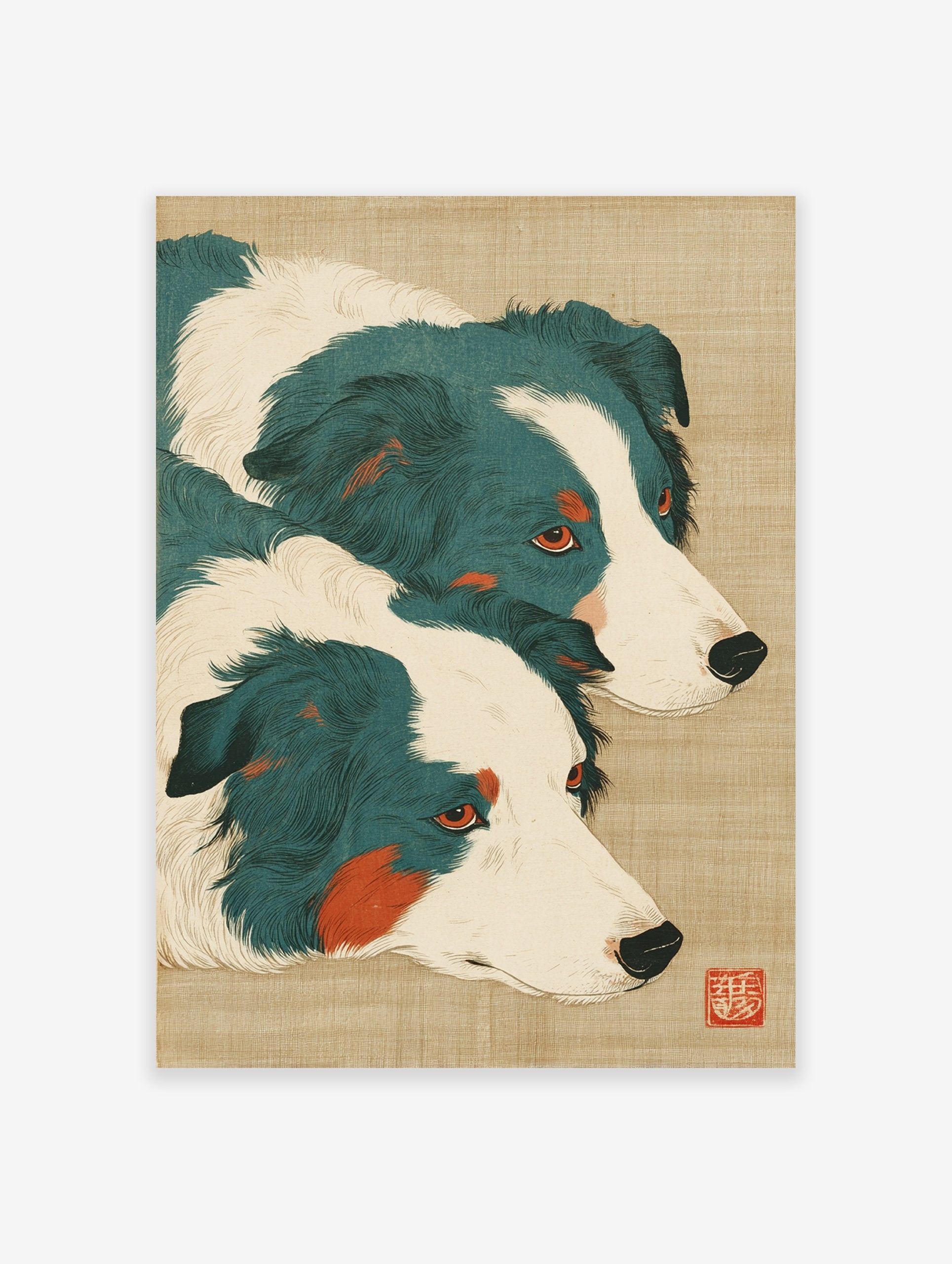 Japanese style art print featuring two teal and white Border Collie dogs with orange accents on a textured beige background.