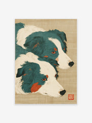 Japanese style art print featuring two teal and white Border Collie dogs with orange accents on a textured beige background.