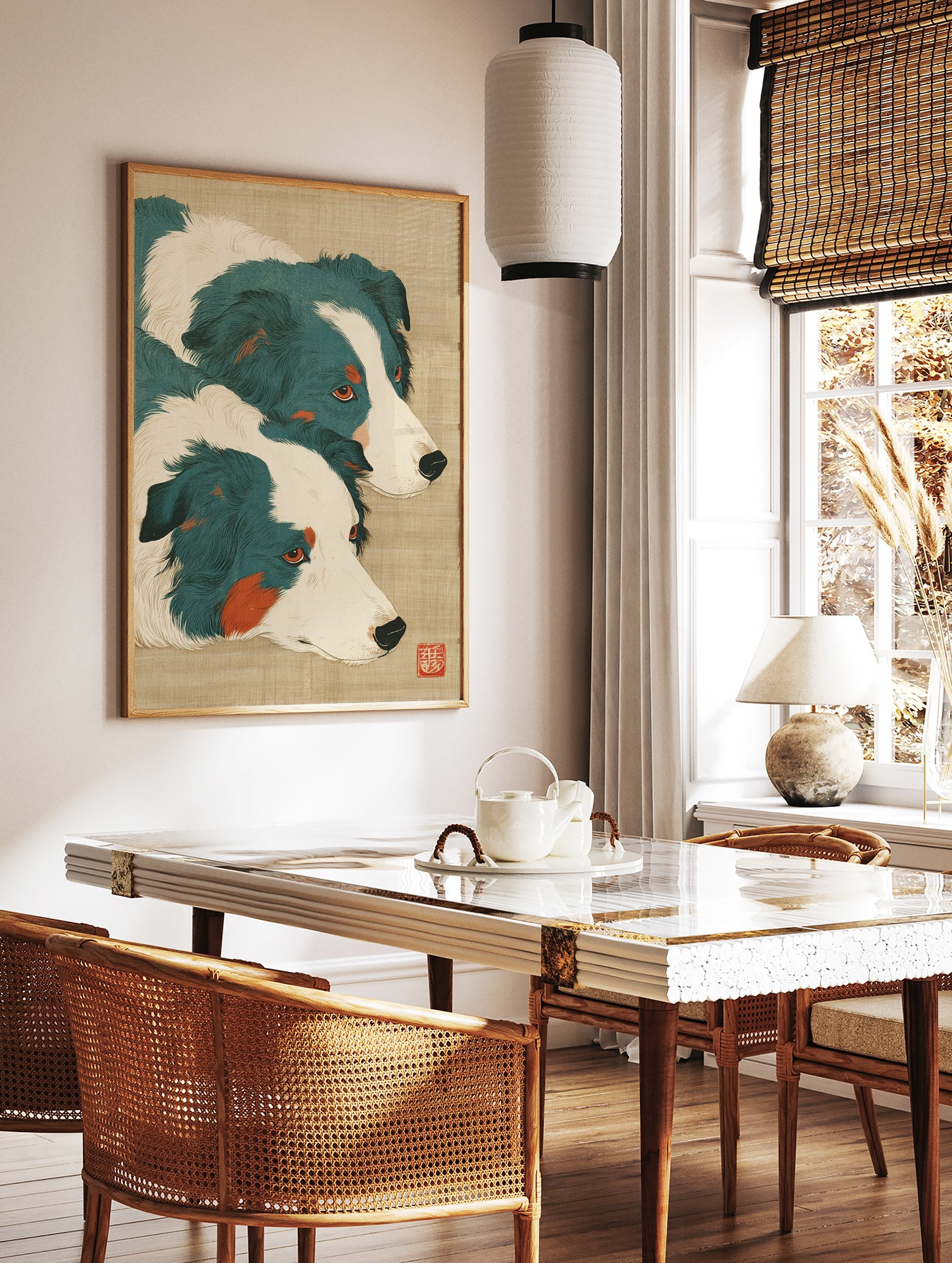 Japanese style art print featuring two teal and white Border Collie dogs with orange accents on a textured beige background. - Image 2