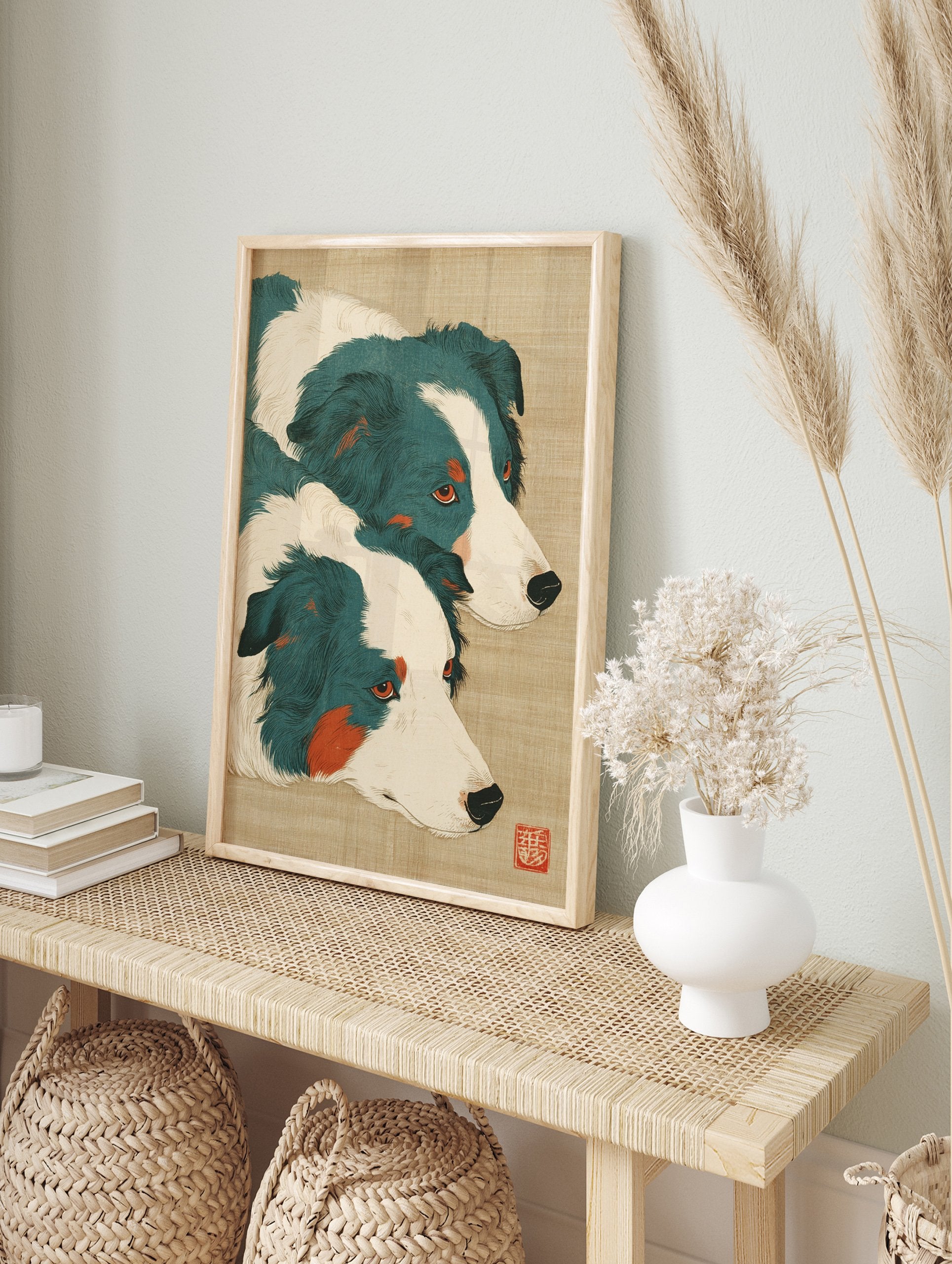 Japanese style art print featuring two teal and white Border Collie dogs with orange accents on a textured beige background. - Image 3