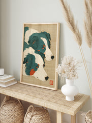 Japanese style art print featuring two teal and white Border Collie dogs with orange accents on a textured beige background. - Image 3