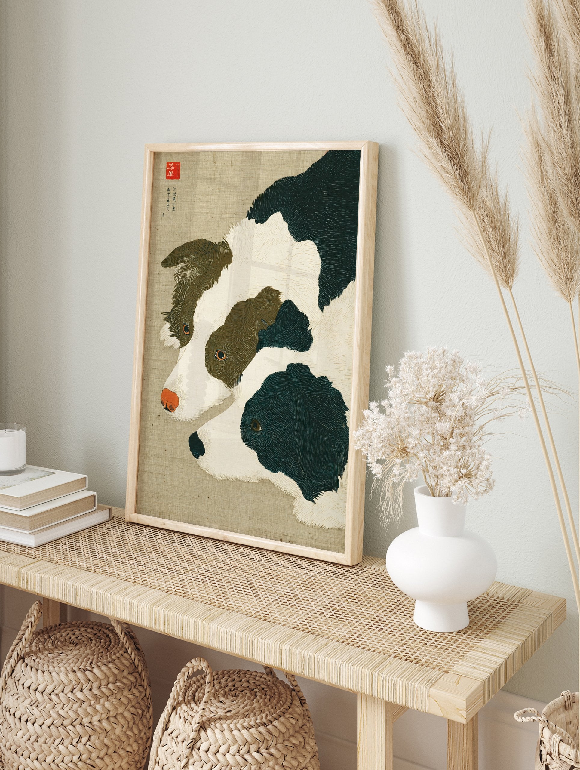 Japanese Dog Wall Art print showing two brown and black Border Collies with red noses on a textured beige background. - Image 3